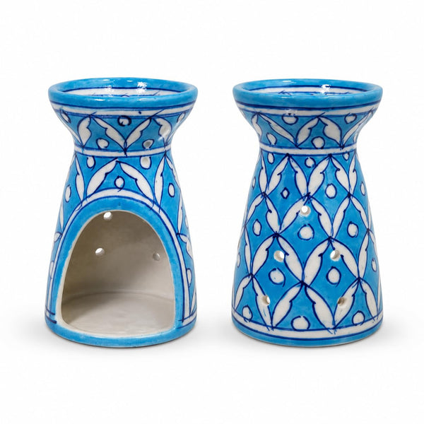 Blue Pottery Aroma Oil Diffuser Burner, Blue Floral Hand-Painted | Perfect for Home Decor and Relaxation