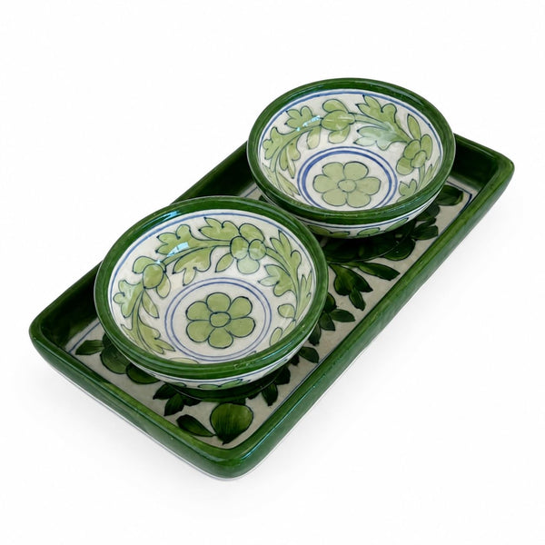 Velvet Valley Ceramic 2 Bowl Set with Tray, Green Floral Design | Handcarfted Elegant Design | Perfect for Serving Dry Fruits, Evening Snacks