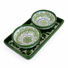 Velvet Valley Ceramic 2 Bowl Set with Tray, Green Floral Design | Handcarfted Elegant Design | Perfect for Serving Dry Fruits, Evening Snacks