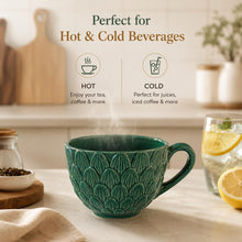 Blue Pottery Mug with Embossed Leaf Texture, Green | Embossed Design, Glazed Finish