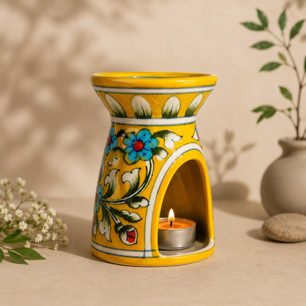 Blue Pottery Aroma Oil Diffuser Burner, Blue Floral Hand-Painted | Tealight Candle Base | Perfect for Home Decor and Relaxation