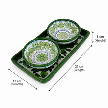 Velvet Valley Ceramic 2 Bowl Set with Tray, Green Floral Design | Handcarfted Elegant Design | Perfect for Serving Dry Fruits, Evening Snacks