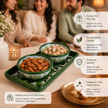 Velvet Valley Ceramic 2 Bowl Set with Tray, Green Floral Design | Handcarfted Elegant Design | Perfect for Serving Dry Fruits, Evening Snacks