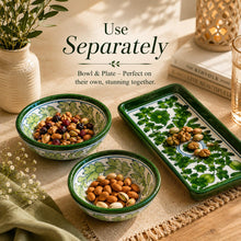 Velvet Valley Ceramic 2 Bowl Set with Tray, Green Floral Design | Handcarfted Elegant Design | Perfect for Serving Dry Fruits, Evening Snacks