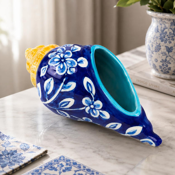 Blue Pottery Ceramic Shankh Showpiece | Hand-Painted Floral Conch Shell Decor for Mandir, Home Temple, Living Room | Decorative Planter & Housewarming Gift