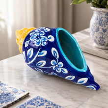 Blue Pottery Ceramic Shankh Showpiece | Hand-Painted Floral Conch Shell Decor for Mandir, Home Temple, Living Room | Decorative Planter & Housewarming Gift