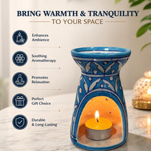 Blue Pottery Aroma Oil Diffuser Burner, Blue Floral Hand-Painted | Perfect for Home Decor and Relaxation