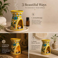 Blue Pottery Aroma Oil Diffuser Burner, Blue Floral Hand-Painted | Tealight Candle Base | Perfect for Home Decor and Relaxation