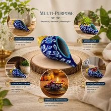 Blue Pottery Ceramic Shankh Showpiece | Hand-Painted Floral Conch Shell Decor for Mandir, Home Temple, Living Room | Decorative Planter & Housewarming Gift