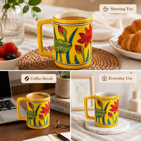 Blue Pottery Tea & Coffee Mug Mug with Hand-Painted Floral Design | Perfect for Gifting, Everyday Use