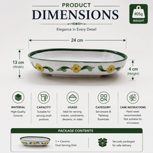 Hand-Painted White & Green Floral Ceramic Serving Dish | Oval Snack Tray | Decorative Pottery Serveware