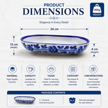 Hand-Painted Blue Floral Ceramic Oval Serving Dish | Decorative Snack & Dry Fruit Tray | Traditional Pottery Tableware