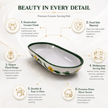 Hand-Painted White & Green Floral Ceramic Serving Dish | Oval Snack Tray | Decorative Pottery Serveware
