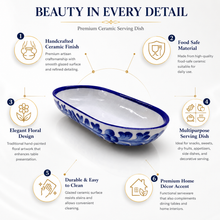 Hand-Painted Blue Floral Ceramic Oval Serving Dish | Decorative Snack & Dry Fruit Tray | Traditional Pottery Tableware