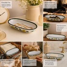 Hand-Painted White & Green Floral Ceramic Serving Dish | Oval Snack Tray | Decorative Pottery Serveware