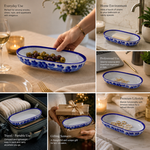 Hand-Painted Blue Floral Ceramic Oval Serving Dish | Decorative Snack & Dry Fruit Tray | Traditional Pottery Tableware