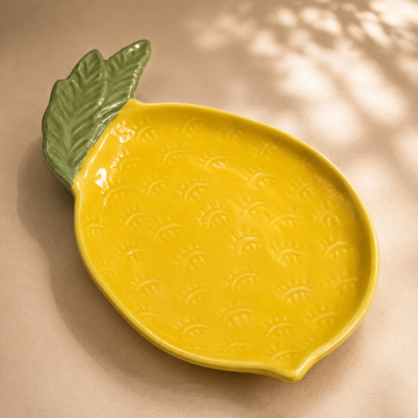 Lemon-Shaped Ceramic Serving Platter | Decorative Fruit Design Snack Tray | Yellow Ceramic Serveware