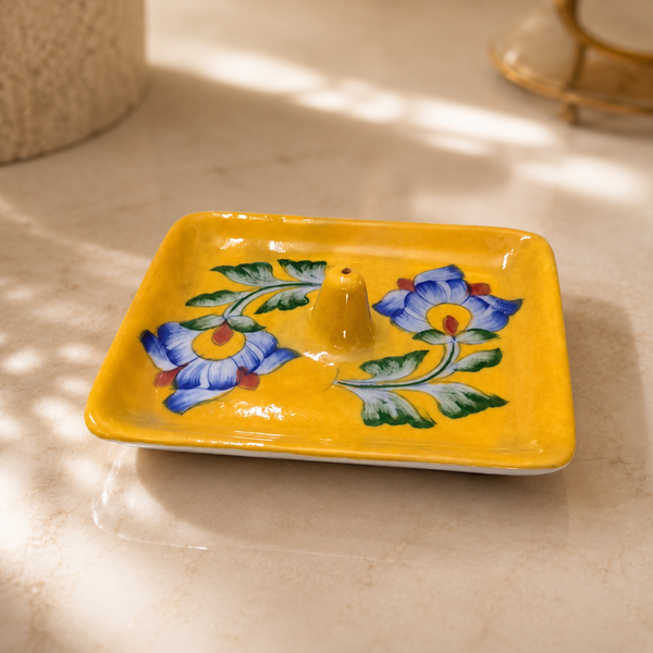 Hand-Painted Floral Ceramic Agarbatti Stand | Square Incense Burner Tray | Traditional Pottery Incense Holder