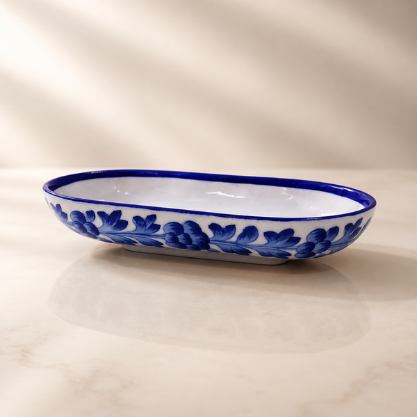 Hand-Painted Blue Floral Ceramic Oval Serving Dish | Decorative Snack & Dry Fruit Tray | Traditional Pottery Tableware