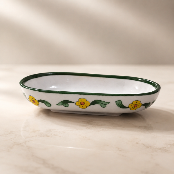 Hand-Painted White & Green Floral Ceramic Serving Dish | Oval Snack Tray | Decorative Pottery Serveware