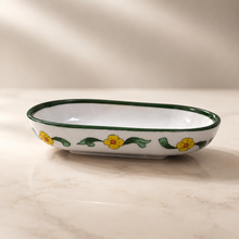Hand-Painted White & Green Floral Ceramic Serving Dish | Oval Snack Tray | Decorative Pottery Serveware