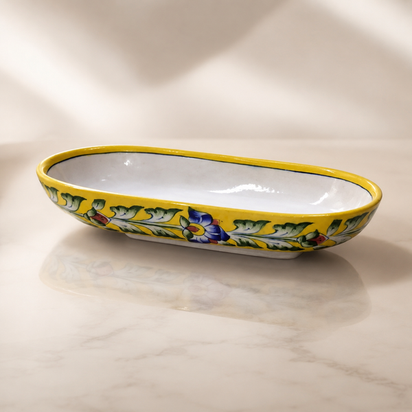 Hand-Painted Yellow Floral Ceramic Oval Serving Tray | Decorative Snack Bowl | Traditional Ceramic Serveware